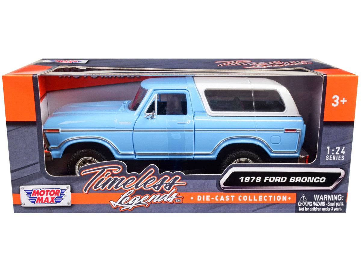1978 Ford Bronco Custom Light Blue and White "Timeless Legends" Series 1/24 Diecast Model Car by Motormax-0