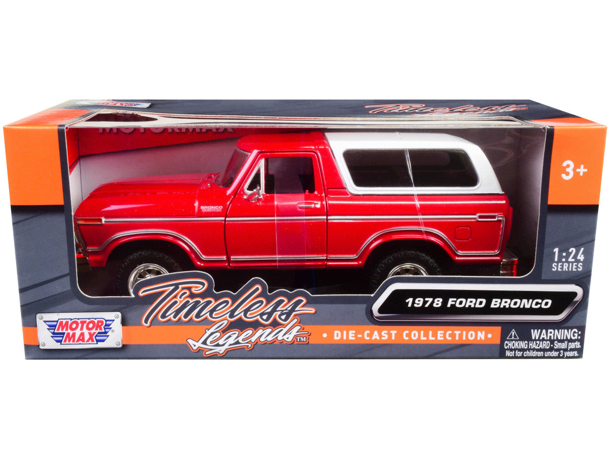 1978 Ford Bronco Custom Red and White "Timeless Legends" Series 1/24 Diecast Model Car by Motormax-2