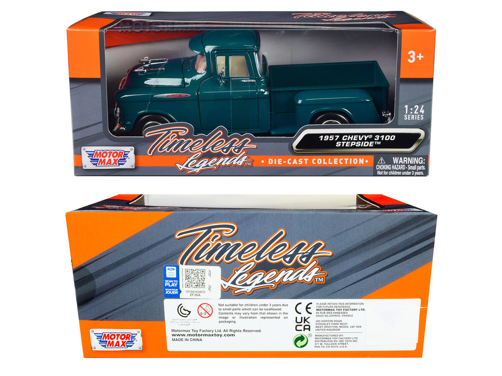 1957 Chevrolet 3100 Stepside Pickup Truck Teal Metallic "Timeless Legends" Series 1/24 Diecast Model Car by Motormax-2