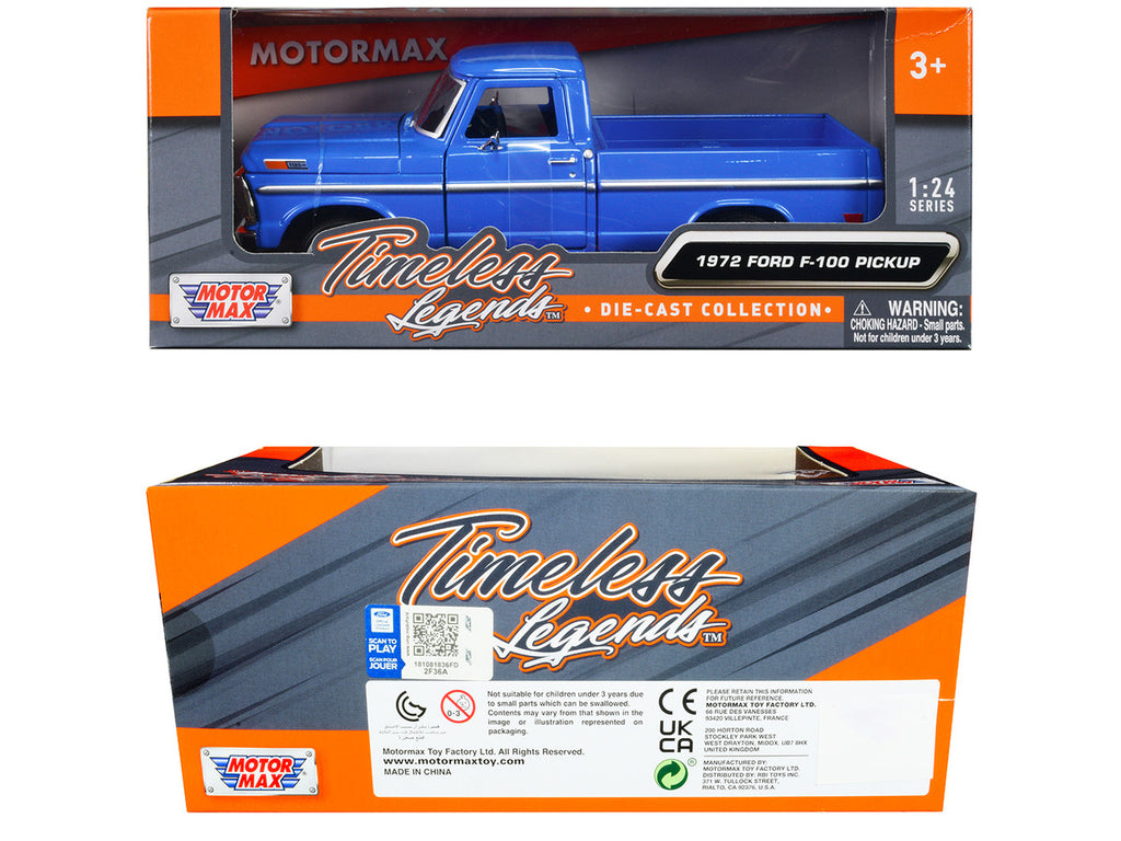 1972 Ford F-100 Pickup Truck Blue "Timeless Legends" Series 1/24 Diecast Model Car by Motormax-2