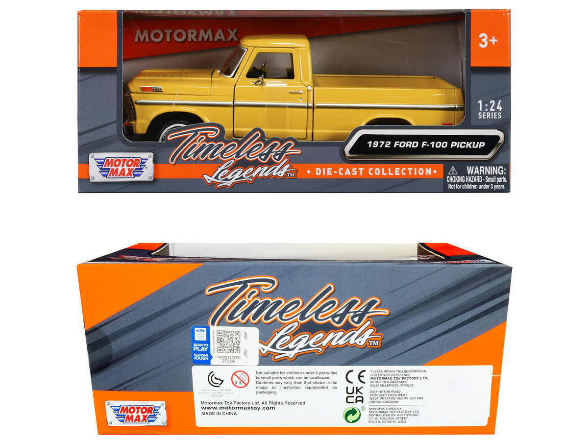 1972 Ford F-100 Pickup Truck Yellow "Timeless Legends" Series 1/24 Diecast Model Car by Motormax-2