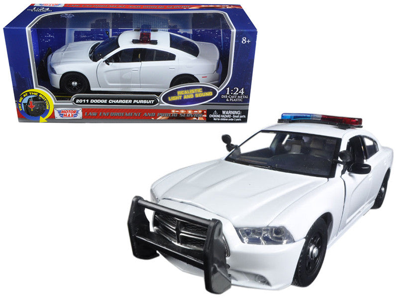 2011 Dodge Charger Pursuit Police Car White with Flashing Light Bar, Front and Rear Lights and 2 Sounds 1/24 Diecast Model Car  by Motormax-0