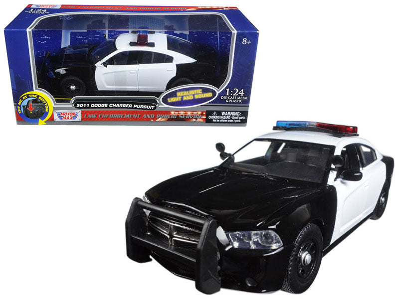 2011 Dodge Charger Pursuit Police Car Black and White with Flashing Light Bar and Front and Rear Lights and 2 Sounds 1/24 Diecast Model Car by Motormax-0