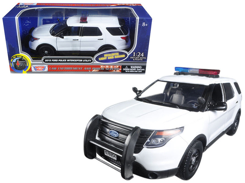 2015 Ford Police Interceptor Utility White with Flashing Light Bar and Front and Rear Lights and 2 Sounds 1/24 Diecast Model Car by Motormax-0