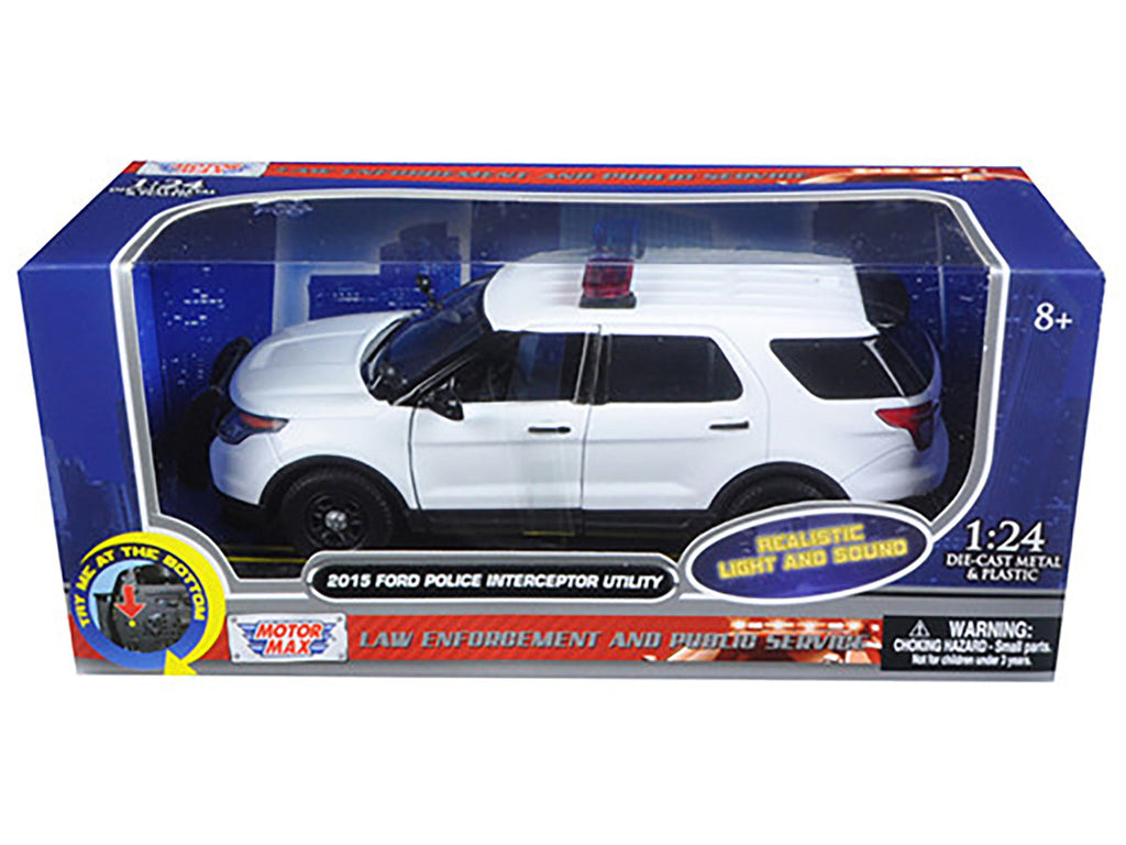 2015 Ford Police Interceptor Utility White with Flashing Light Bar and Front and Rear Lights and 2 Sounds 1/24 Diecast Model Car by Motormax-2