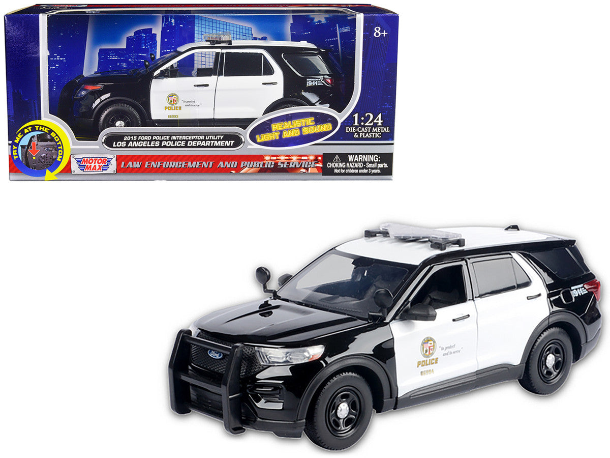 2015 Ford Police Interceptor Utility Black and White "Los Angeles Police Department (LAPD)" with Flashing Light Bar and Front and Rear Lights and Sounds 1/24 Diecast Model Car by Motormax-0