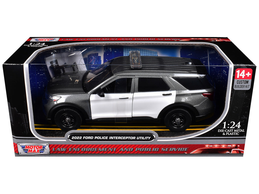 2022 Ford Police Interceptor Utility Gray Metallic with White Doors "Builder's Kit" with Flashing Light Bar and Front and Rear Lights and Sounds 1/24 Diecast Model Car by Motormax-0