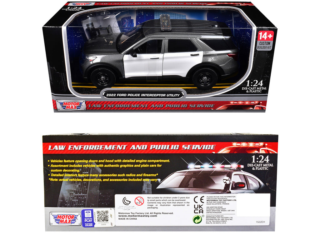 2022 Ford Police Interceptor Utility Gray Metallic with White Doors "Builder's Kit" with Flashing Light Bar and Front and Rear Lights and Sounds 1/24 Diecast Model Car by Motormax-2