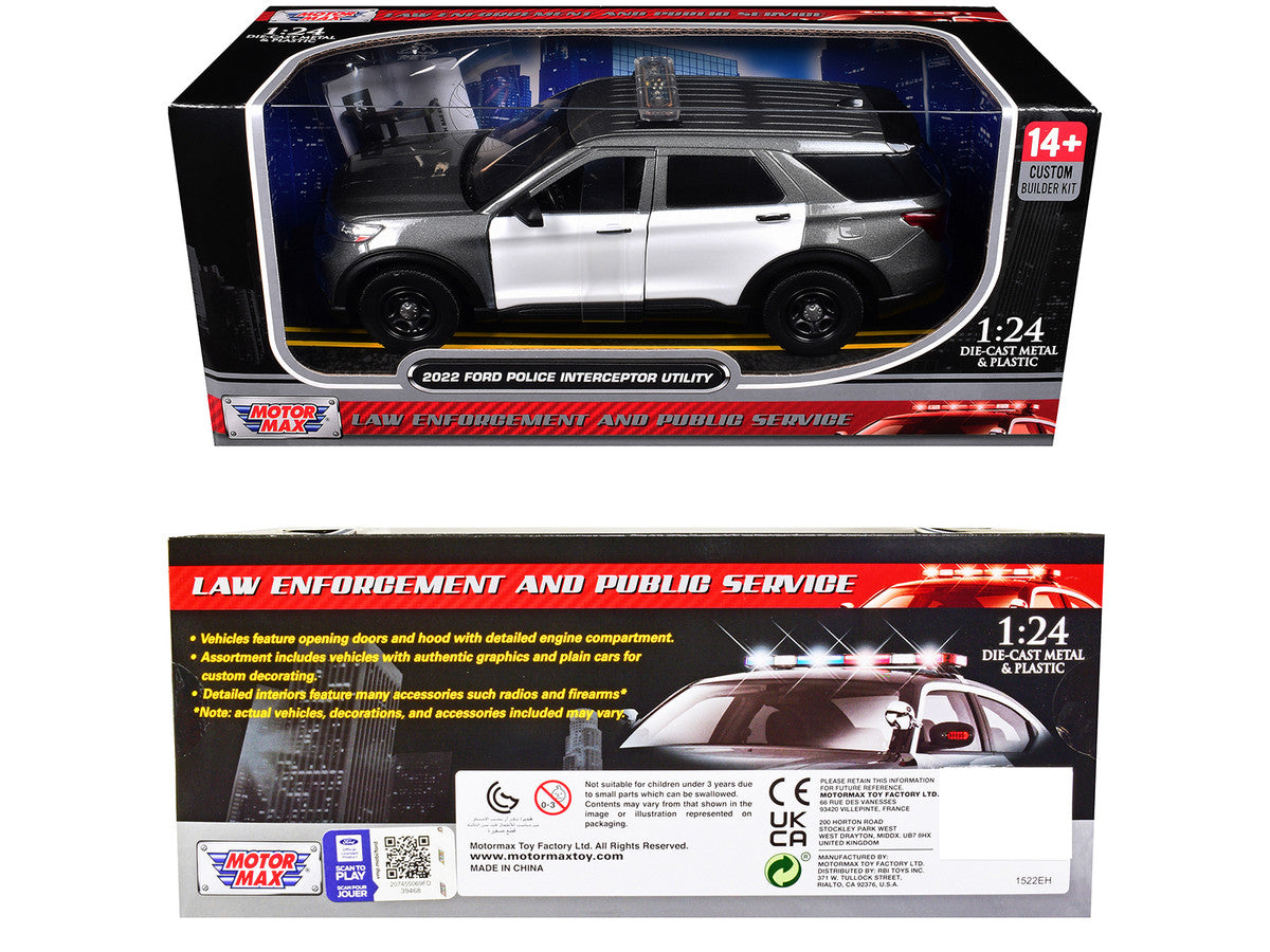 2022 Ford Police Interceptor Utility Gray Metallic with White Doors "Builder's Kit" with Flashing Light Bar and Front and Rear Lights and Sounds 1/24 Diecast Model Car by Motormax-2