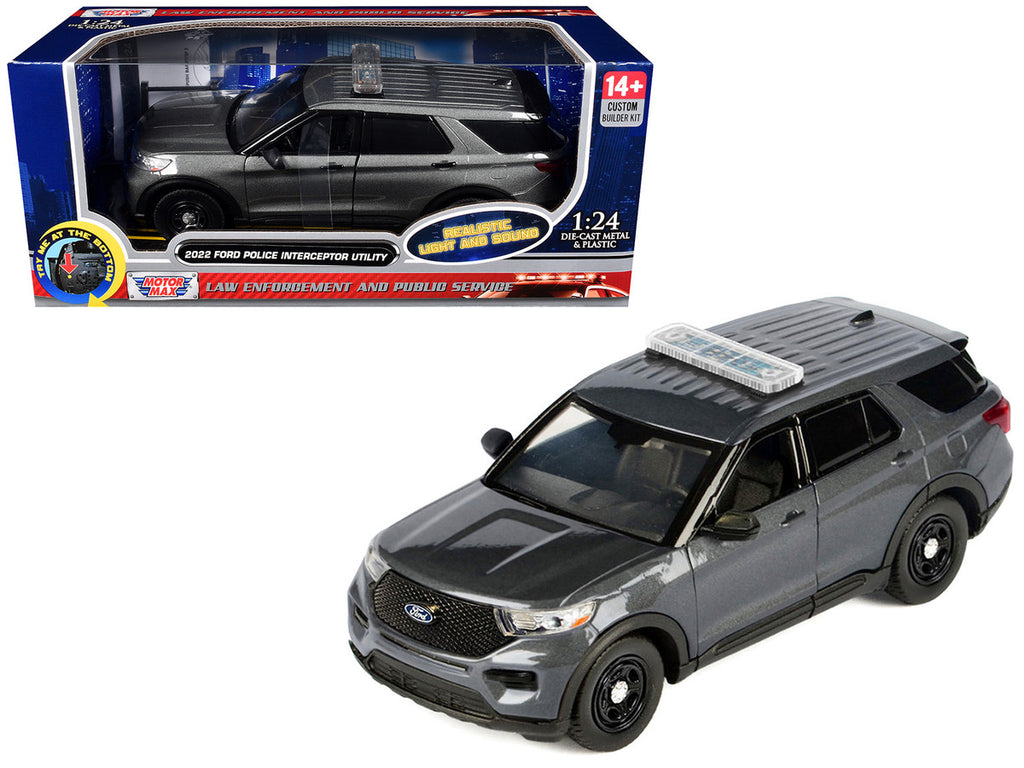 2022 Ford Police Interceptor Utility Dark Gray Metallic "Builder's Kit" with Flashing Light Bar and Front and Rear Lights and Sounds 1/24 Diecast Model Car by Motormax-4