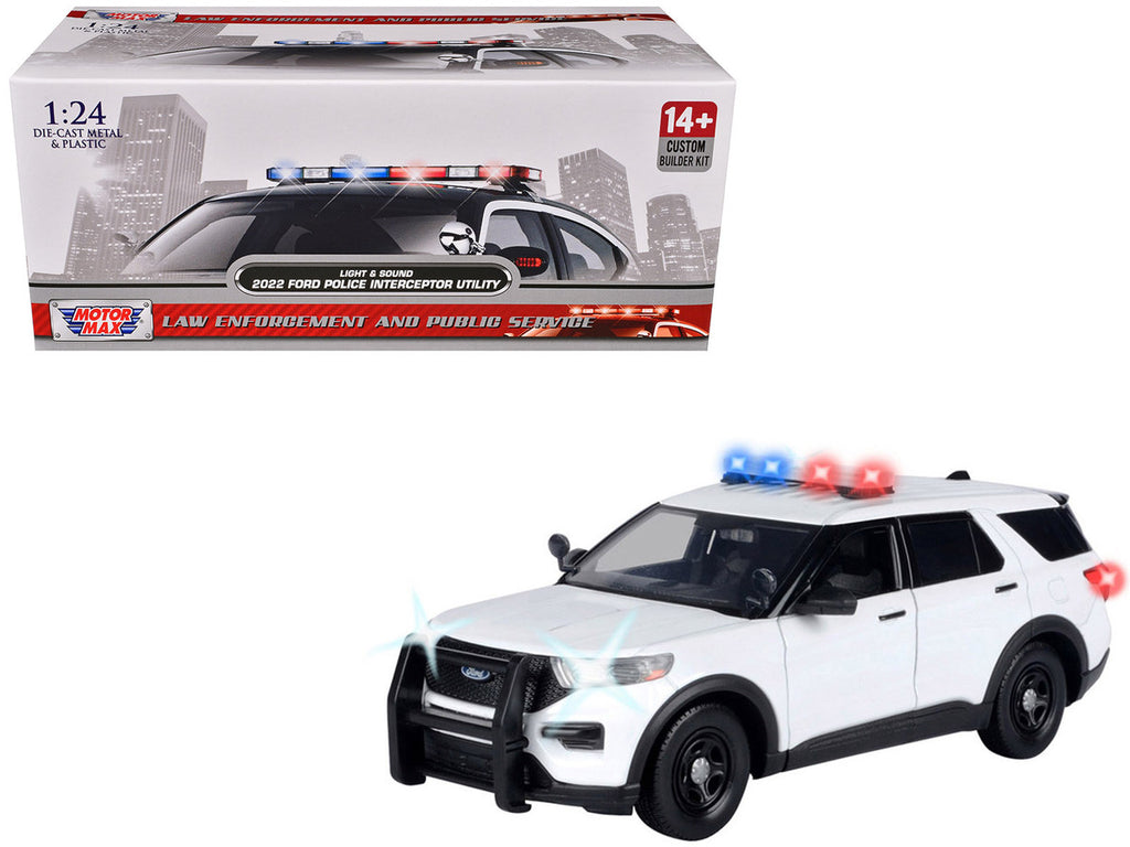 2022 Ford Police Interceptor Utility Plain White "Builder's Kit" with Flashing Light Bar and Front and Rear Lights and Sounds 1/24 Diecast Model Car by Motormax-0