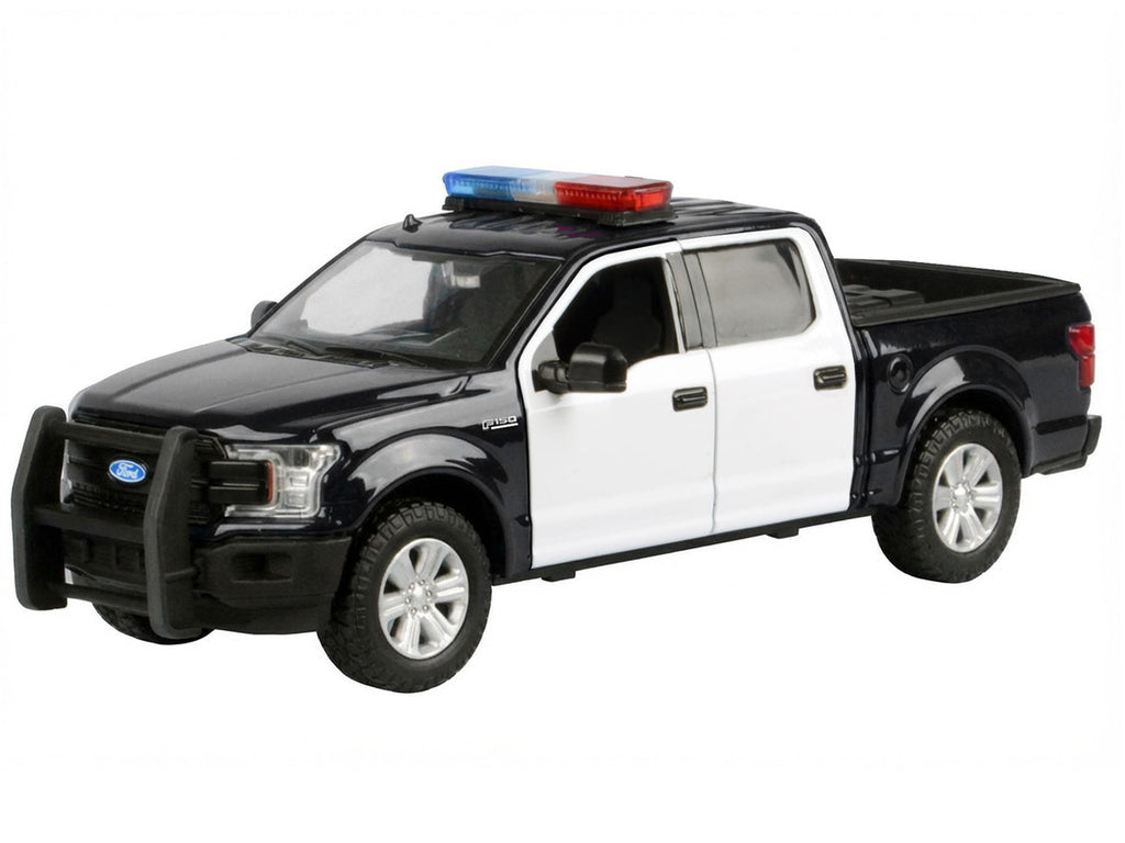 2019 Ford F-150 Lariat Crew Cab Pickup Truck Black and White with Flashing Light Bar and Front and Rear Lights and Sounds 1/24-1/27 Diecast Model Car by Motormax-1