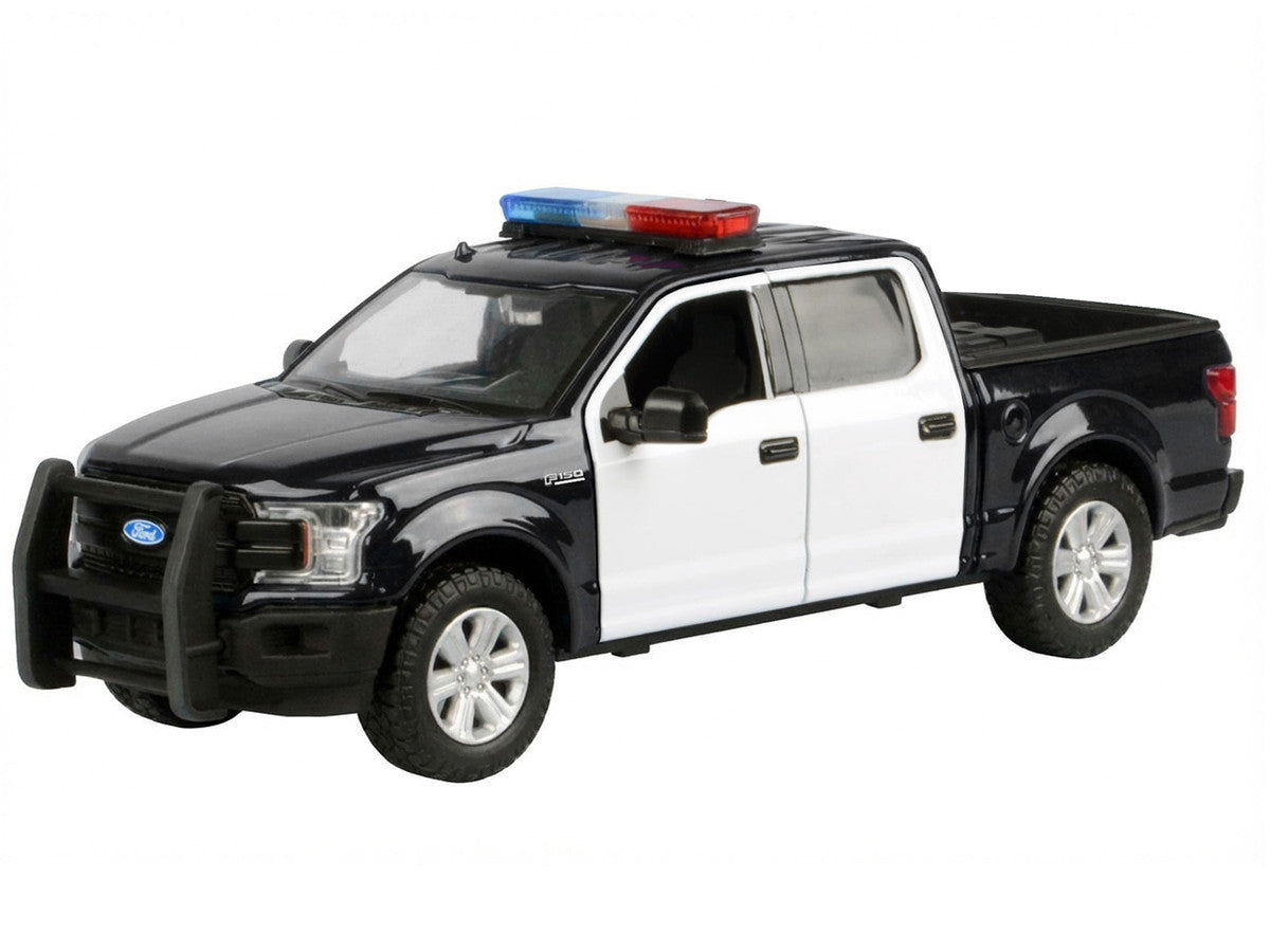 2019 Ford F-150 Lariat Crew Cab Pickup Truck Black and White with Flashing Light Bar and Front and Rear Lights and Sounds 1/24-1/27 Diecast Model Car by Motormax-1