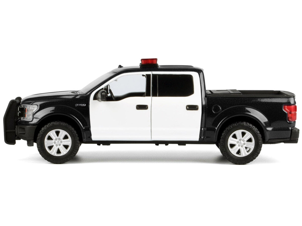2019 Ford F-150 Lariat Crew Cab Pickup Truck Black and White with Flashing Light Bar and Front and Rear Lights and Sounds 1/24-1/27 Diecast Model Car by Motormax-2