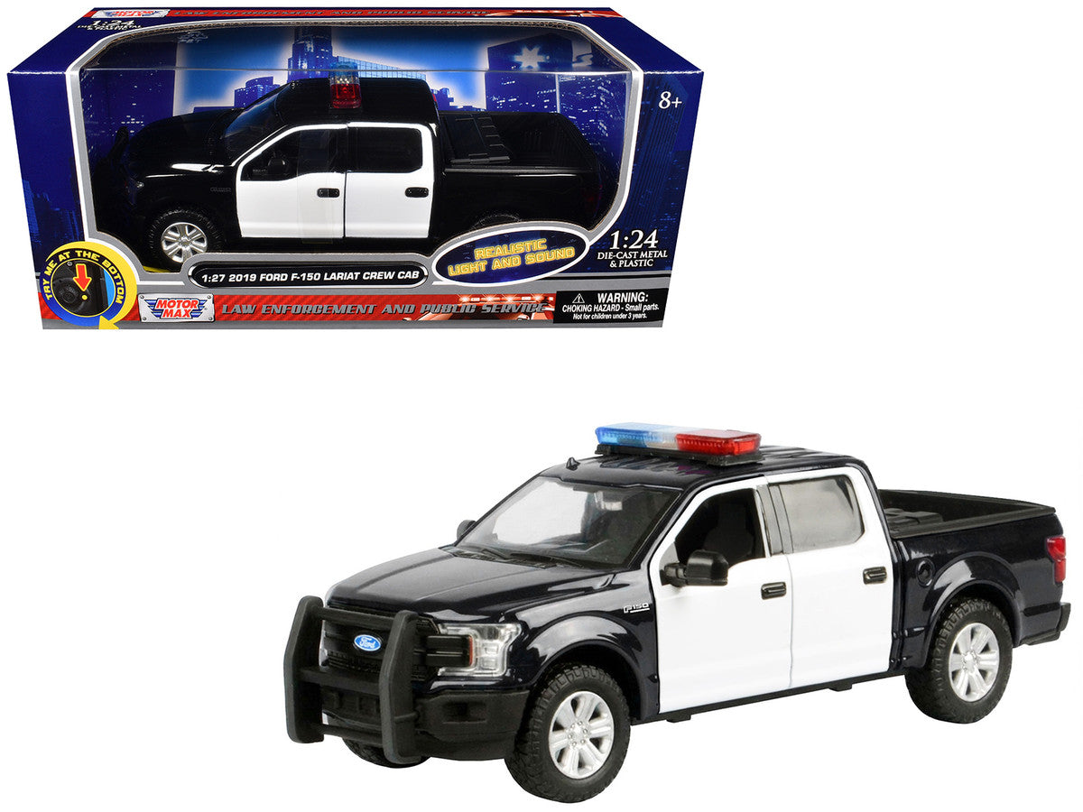 2019 Ford F-150 Lariat Crew Cab Pickup Truck Black and White with Flashing Light Bar and Front and Rear Lights and Sounds 1/24-1/27 Diecast Model Car by Motormax-0