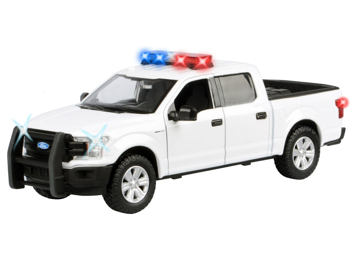 2019 Ford F-150 Lariat Crew Cab Pickup Truck White with Flashing Light Bar and Front and Rear Lights and Sounds 1/24-1/27 Diecast Model Car by Motormax-1