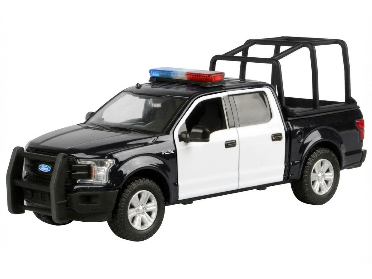 2019 Ford F-150 Lariat Crew Cab Pickup Truck with Bed Cage Black and White with Flashing Light Bar and Front and Rear Lights and Sounds 1/24-1/27 Diecast Model Car by Motormax-1
