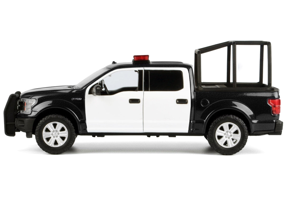 2019 Ford F-150 Lariat Crew Cab Pickup Truck with Bed Cage Black and White with Flashing Light Bar and Front and Rear Lights and Sounds 1/24-1/27 Diecast Model Car by Motormax-2