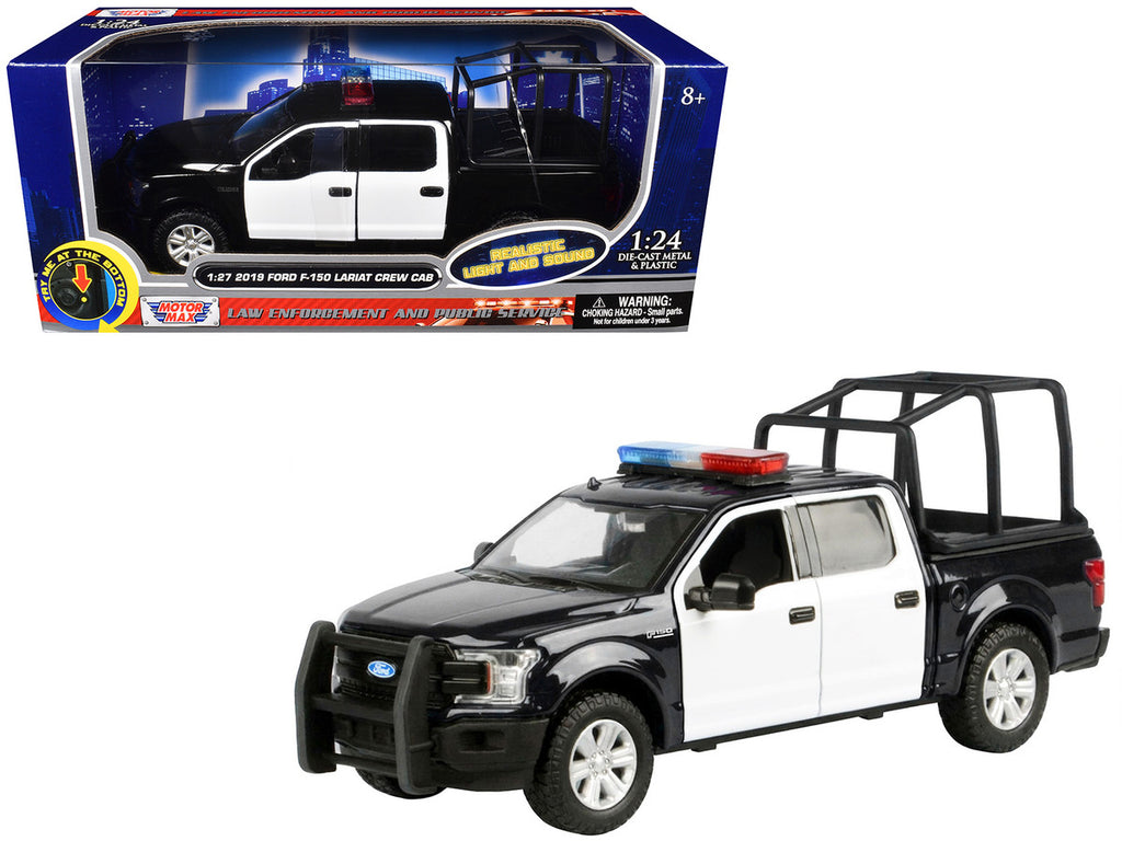2019 Ford F-150 Lariat Crew Cab Pickup Truck with Bed Cage Black and White with Flashing Light Bar and Front and Rear Lights and Sounds 1/24-1/27 Diecast Model Car by Motormax-0