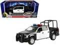 2019 Ford F-150 Lariat Crew Cab Pickup Truck with Bed Cage Black and White with Flashing Light Bar and Front and Rear Lights and Sounds 1/24-1/27 Diecast Model Car by Motormax-0