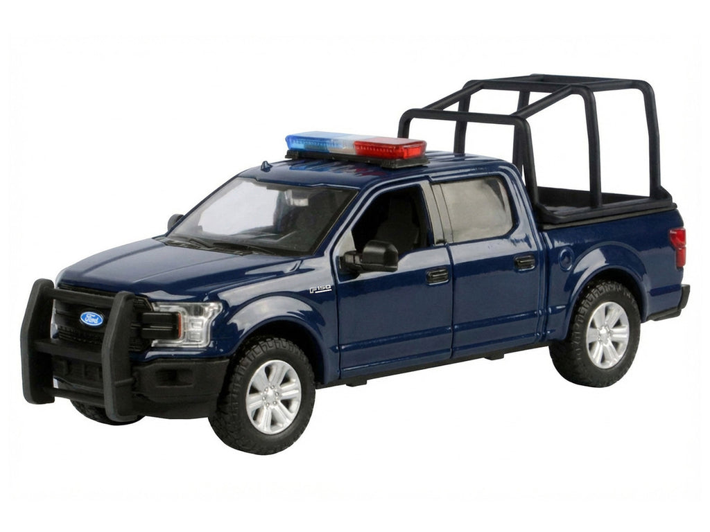 2019 Ford F-150 Lariat Crew Cab Pickup Truck with Bed Cage Dark Blue with Flashing Light Bar and Front and Rear Lights and Sounds 1/24-1/27 Diecast Model Car by Motormax-1