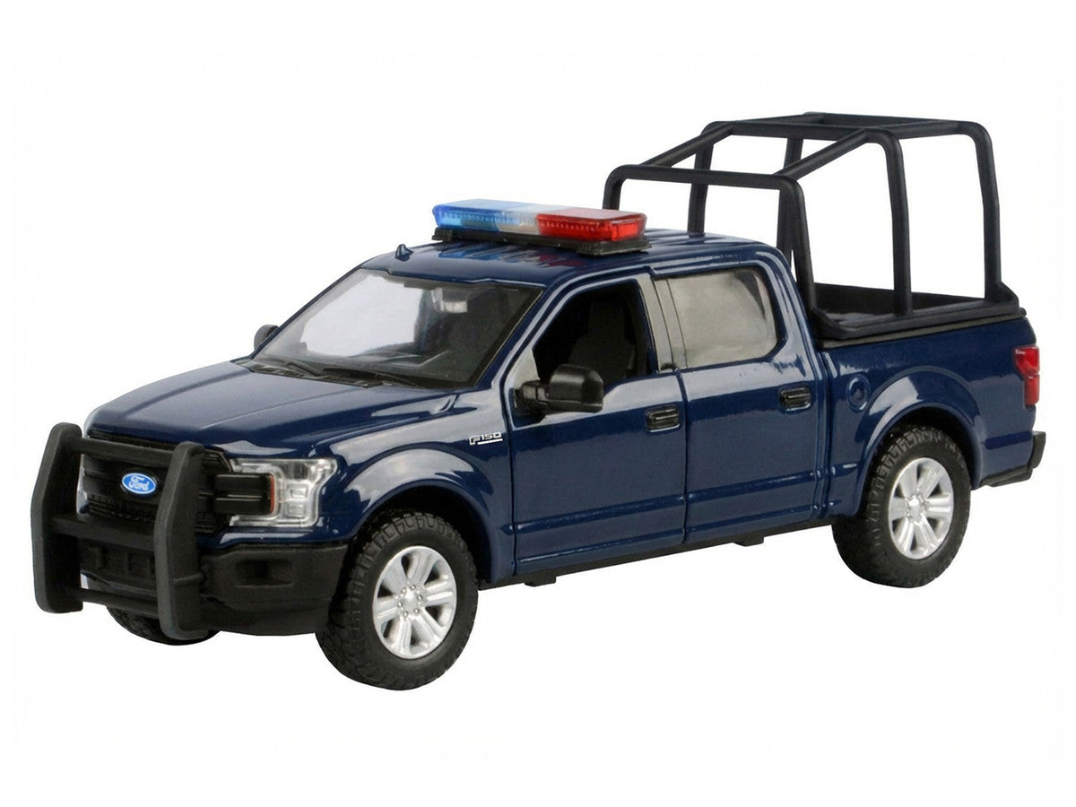 2019 Ford F-150 Lariat Crew Cab Pickup Truck with Bed Cage Dark Blue with Flashing Light Bar and Front and Rear Lights and Sounds 1/24-1/27 Diecast Model Car by Motormax-1