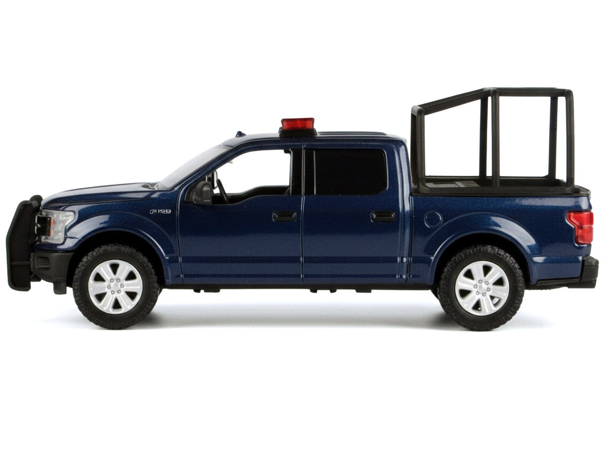 2019 RAM 1500 Laramie Crew Cab Pickup Truck with Bed Cage Dark Blue with Flashing Light Bar and Front and Rear Lights and Sounds 1/24-1/27 Diecast Model Car by Motormax-1