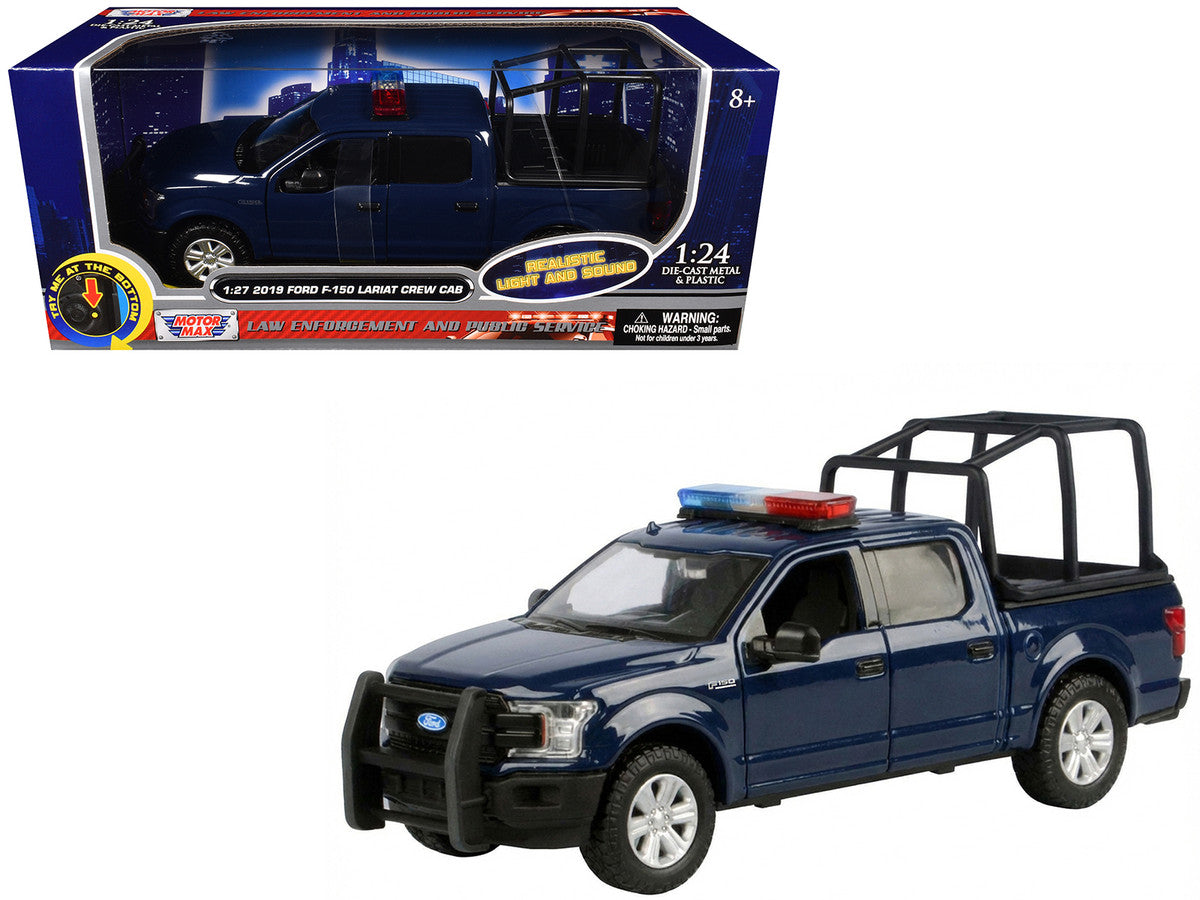 2019 Ford F-150 Lariat Crew Cab Pickup Truck with Bed Cage Dark Blue with Flashing Light Bar and Front and Rear Lights and Sounds 1/24-1/27 Diecast Model Car by Motormax-0