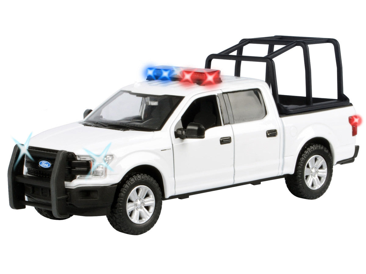 2019 Ford F-150 Lariat Crew Cab Pickup Truck with Bed Cage White with Flashing Light Bar and Front and Rear Lights and Sounds 1/24-1/27 Diecast Model Car by Motormax-1