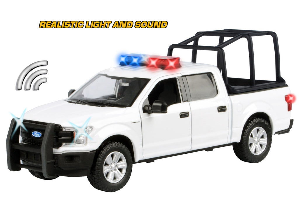 2019 Ford F-150 Lariat Crew Cab Pickup Truck with Bed Cage White with Flashing Light Bar and Front and Rear Lights and Sounds 1/24-1/27 Diecast Model Car by Motormax-2