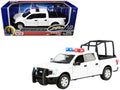 2019 Ford F-150 Lariat Crew Cab Pickup Truck with Bed Cage White with Flashing Light Bar and Front and Rear Lights and Sounds 1/24-1/27 Diecast Model Car by Motormax-0