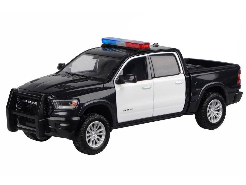 2019 RAM 1500 Laramie Crew Cab Pickup Truck Black and White with Flashing Light Bar and Front and Rear Lights and Sounds 1/24-1/27 Diecast Model Car by Motormax-1