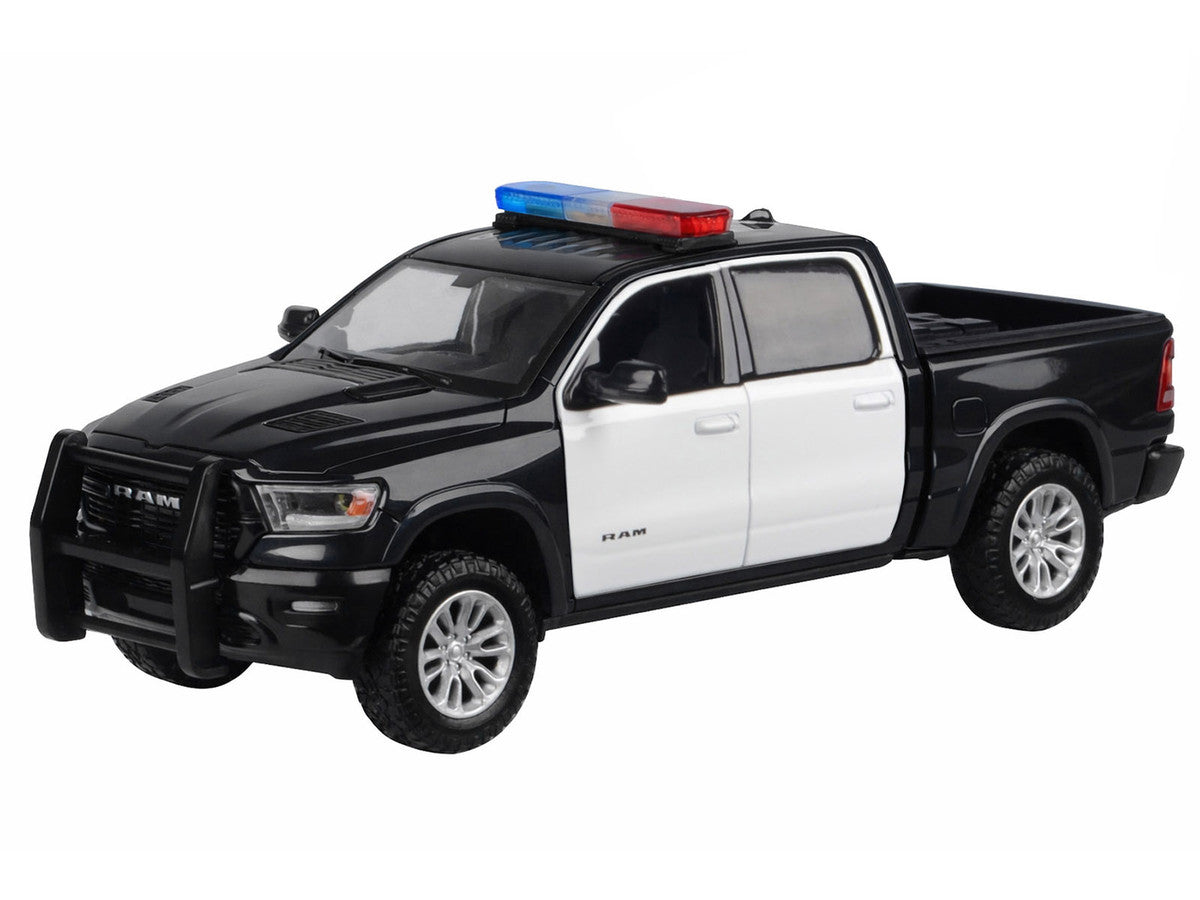 2019 RAM 1500 Laramie Crew Cab Pickup Truck Black and White with Flashing Light Bar and Front and Rear Lights and Sounds 1/24-1/27 Diecast Model Car by Motormax-1