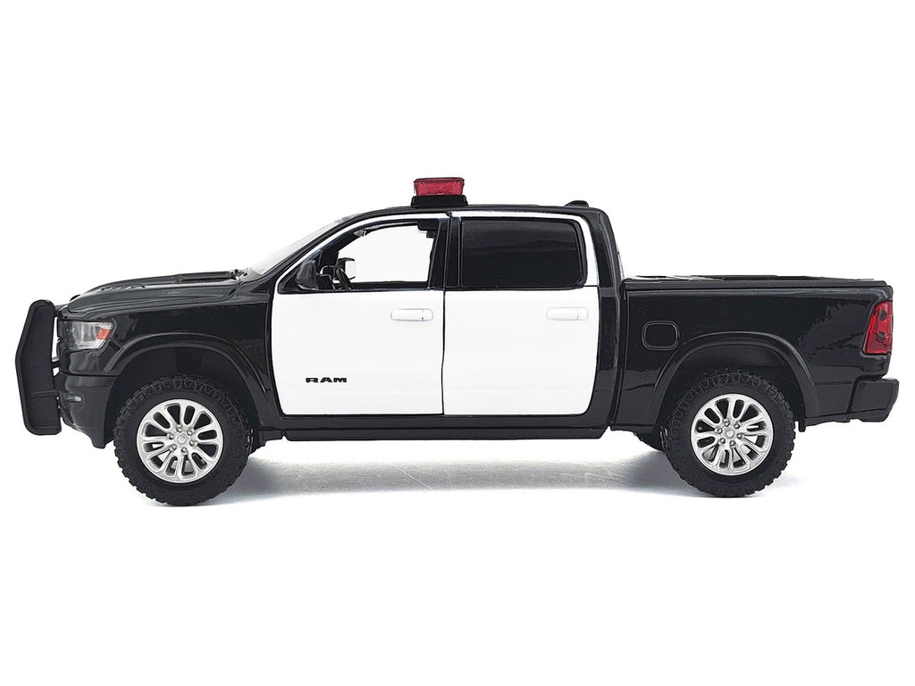 2019 RAM 1500 Laramie Crew Cab Pickup Truck Black and White with Flashing Light Bar and Front and Rear Lights and Sounds 1/24-1/27 Diecast Model Car by Motormax-2