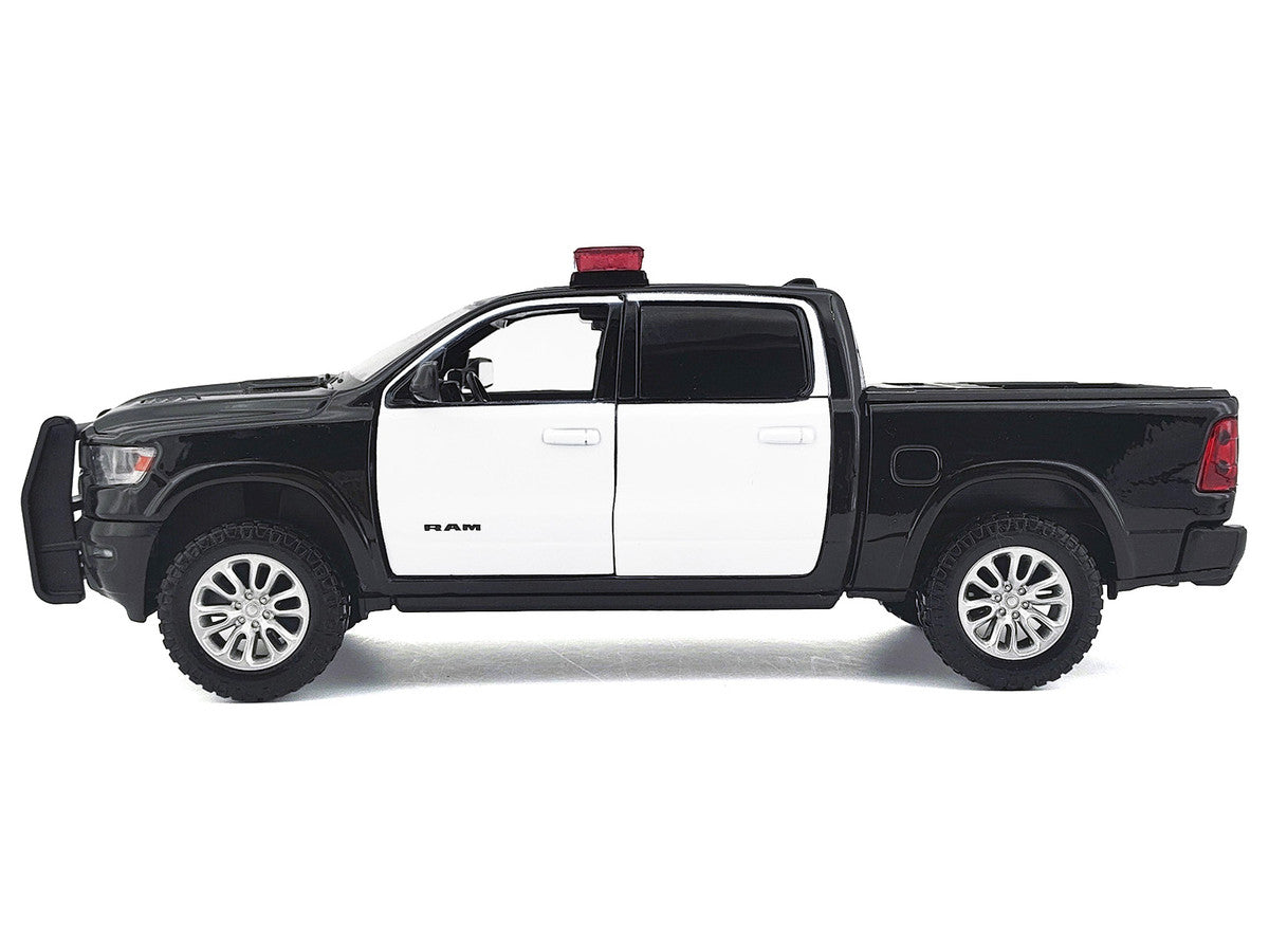 2019 RAM 1500 Laramie Crew Cab Pickup Truck Black and White with Flashing Light Bar and Front and Rear Lights and Sounds 1/24-1/27 Diecast Model Car by Motormax-2