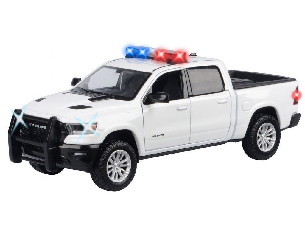 2019 RAM 1500 Laramie Crew Cab Pickup Truck White with Flashing Light Bar and Front and Rear Lights and Sounds 1/24-1/27 Diecast Model Car by Motormax-1