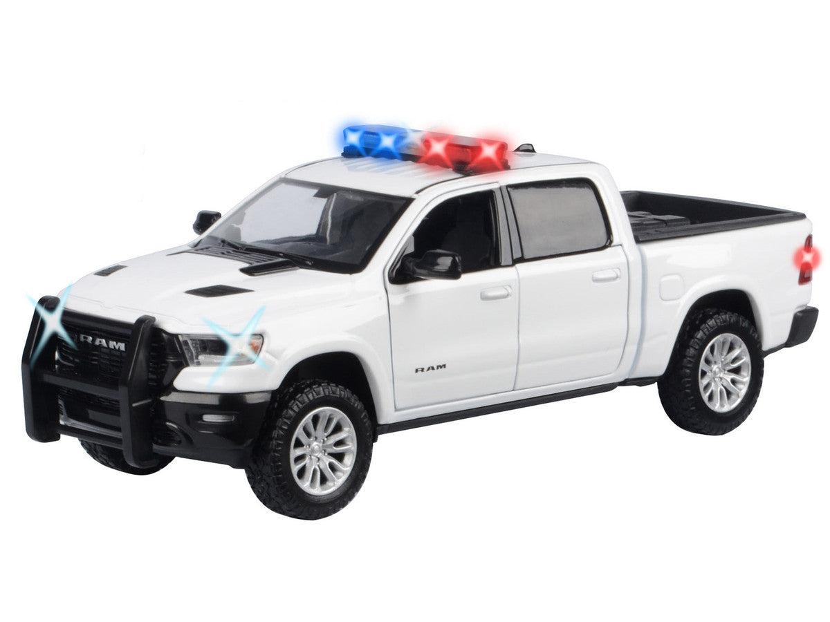 2019 RAM 1500 Laramie Crew Cab Pickup Truck White with Flashing Light Bar and Front and Rear Lights and Sounds 1/24-1/27 Diecast Model Car by Motormax-1