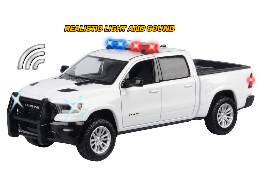 2019 RAM 1500 Laramie Crew Cab Pickup Truck White with Flashing Light Bar and Front and Rear Lights and Sounds 1/24-1/27 Diecast Model Car by Motormax-2