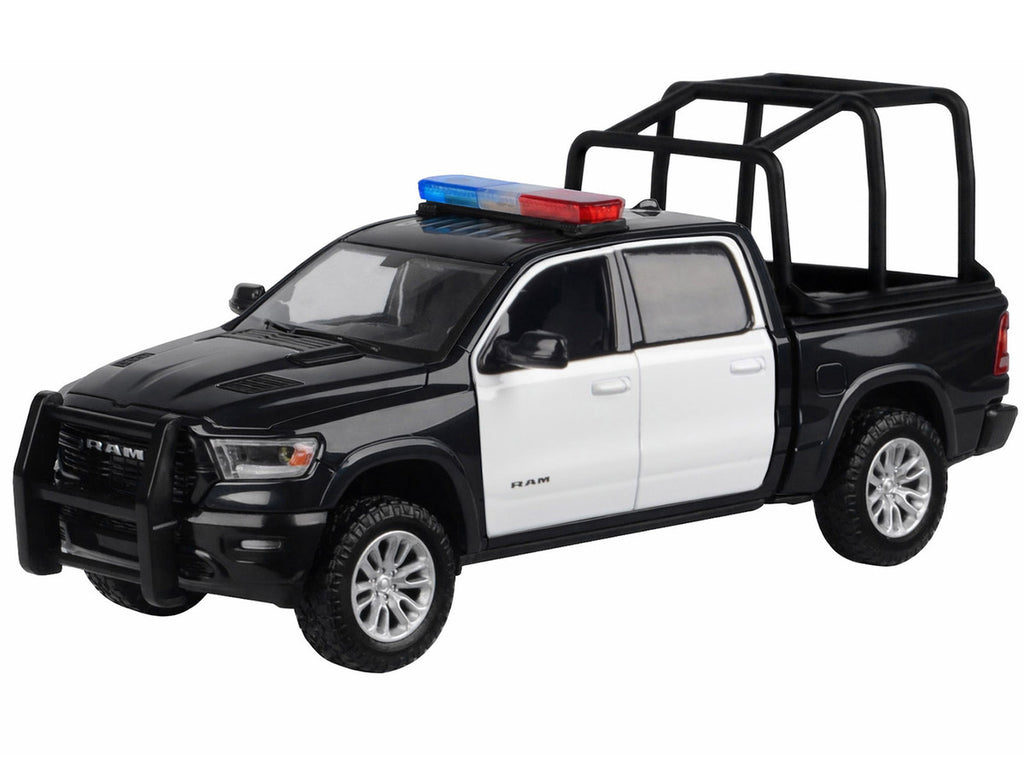 2019 RAM 1500 Laramie Crew Cab Pickup Truck with Bed Cage Black and White with Flashing Light Bar and Front and Rear Lights and Sounds 1/24-1/27 Diecast Model Car by Motormax-1