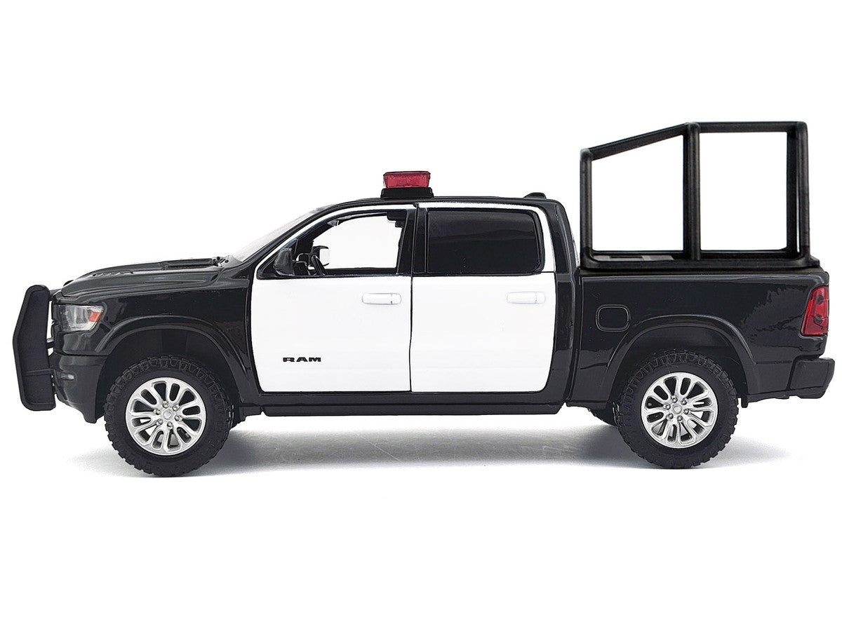 2019 RAM 1500 Laramie Crew Cab Pickup Truck with Bed Cage Black and White with Flashing Light Bar and Front and Rear Lights and Sounds 1/24-1/27 Diecast Model Car by Motormax-2