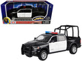 2019 RAM 1500 Laramie Crew Cab Pickup Truck with Bed Cage Black and White with Flashing Light Bar and Front and Rear Lights and Sounds 1/24-1/27 Diecast Model Car by Motormax-0