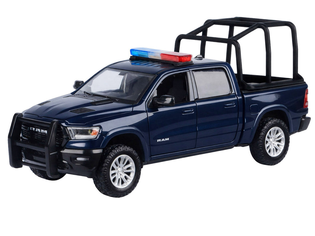 2019 RAM 1500 Laramie Crew Cab Pickup Truck with Bed Cage Dark Blue with Flashing Light Bar and Front and Rear Lights and Sounds 1/24-1/27 Diecast Model Car by Motormax-0