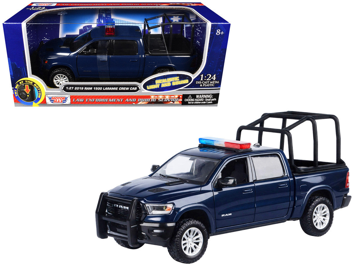 2019 RAM 1500 Laramie Crew Cab Pickup Truck with Bed Cage Dark Blue with Flashing Light Bar and Front and Rear Lights and Sounds 1/24-1/27 Diecast Model Car by Motormax-2