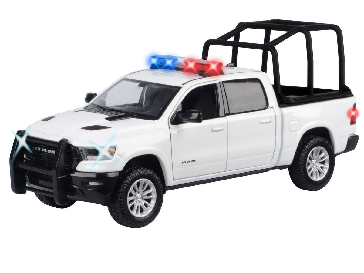 2019 RAM 1500 Laramie Crew Cab Pickup Truck with Bed Cage White with Flashing Light Bar and Front and Rear Lights and Sounds 1/24-1/27 Diecast Model Car by Motormax-0
