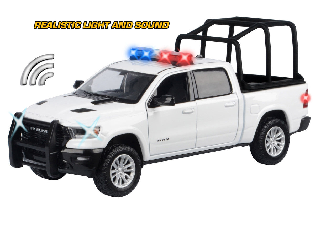 2019 RAM 1500 Laramie Crew Cab Pickup Truck with Bed Cage White with Flashing Light Bar and Front and Rear Lights and Sounds 1/24-1/27 Diecast Model Car by Motormax-1