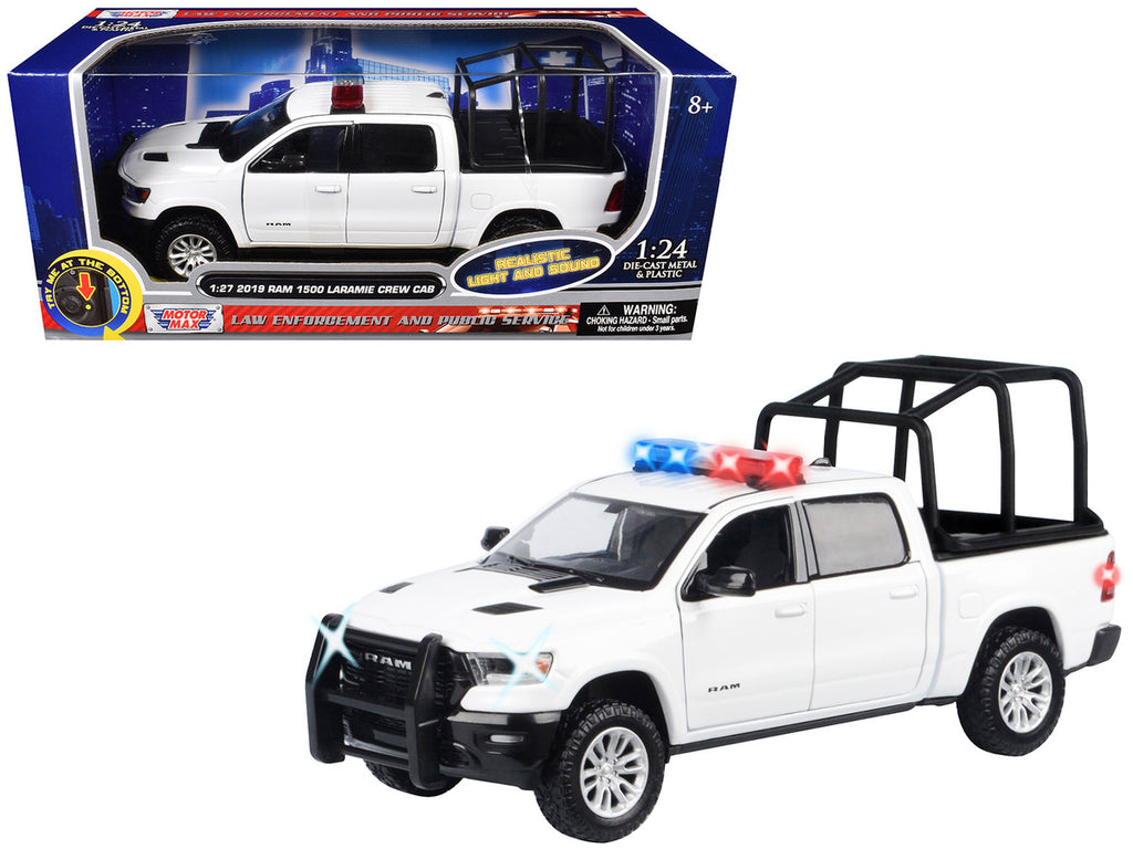 2019 RAM 1500 Laramie Crew Cab Pickup Truck with Bed Cage White with Flashing Light Bar and Front and Rear Lights and Sounds 1/24-1/27 Diecast Model Car by Motormax-2