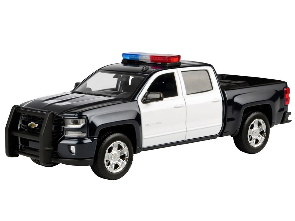 2017 Chevrolet Silverado 1500 LT Z71 Crew Cab Pickup Truck Black and White with Flashing Light Bar and Front and Rear Lights and Sounds 1/24-1/27 Diecast Model Car by Motormax-1