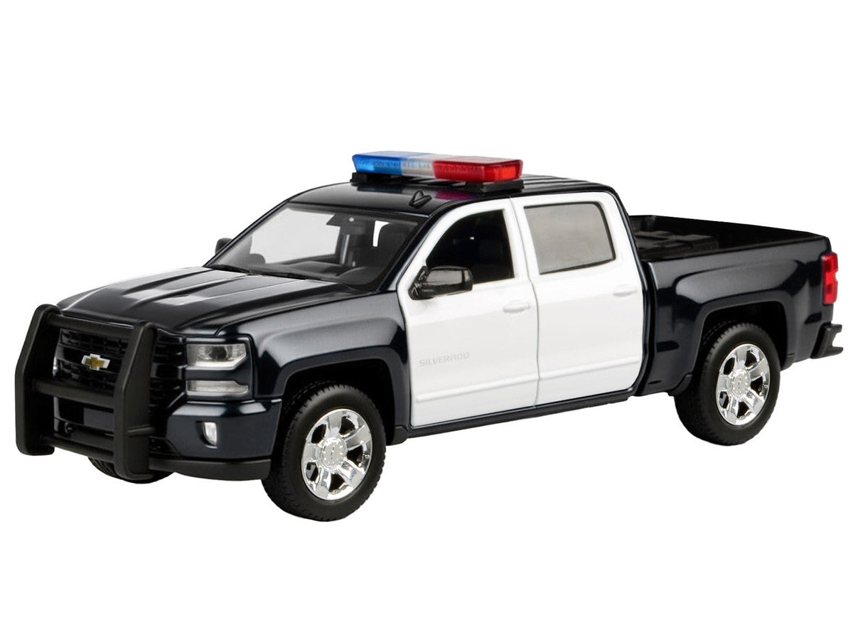 2017 Chevrolet Silverado 1500 LT Z71 Crew Cab Pickup Truck Black and White with Flashing Light Bar and Front and Rear Lights and Sounds 1/24-1/27 Diecast Model Car by Motormax-1
