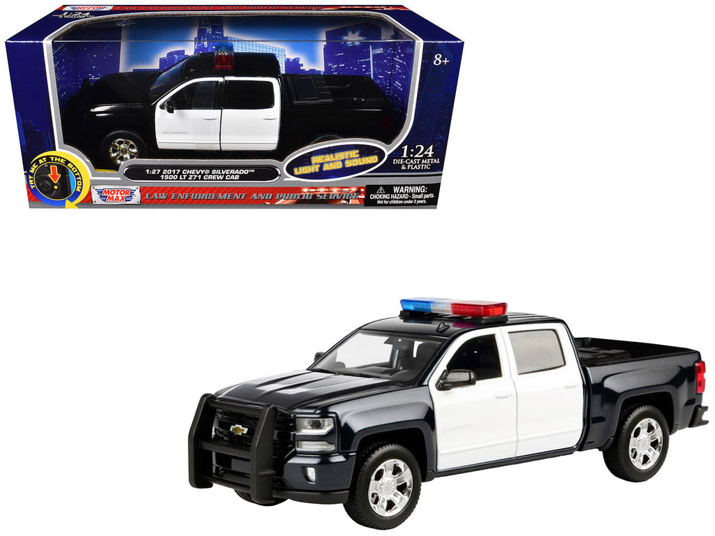 2017 Chevrolet Silverado 1500 LT Z71 Crew Cab Pickup Truck Black and White with Flashing Light Bar and Front and Rear Lights and Sounds 1/24-1/27 Diecast Model Car by Motormax-0