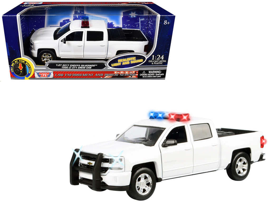 2017 Chevrolet Silverado 1500 LT Z71 Crew Cab Pickup Truck White with Flashing Light Bar and Front and Rear Lights and Sounds 1/24-1/27 Diecast Model Car by Motormax-0